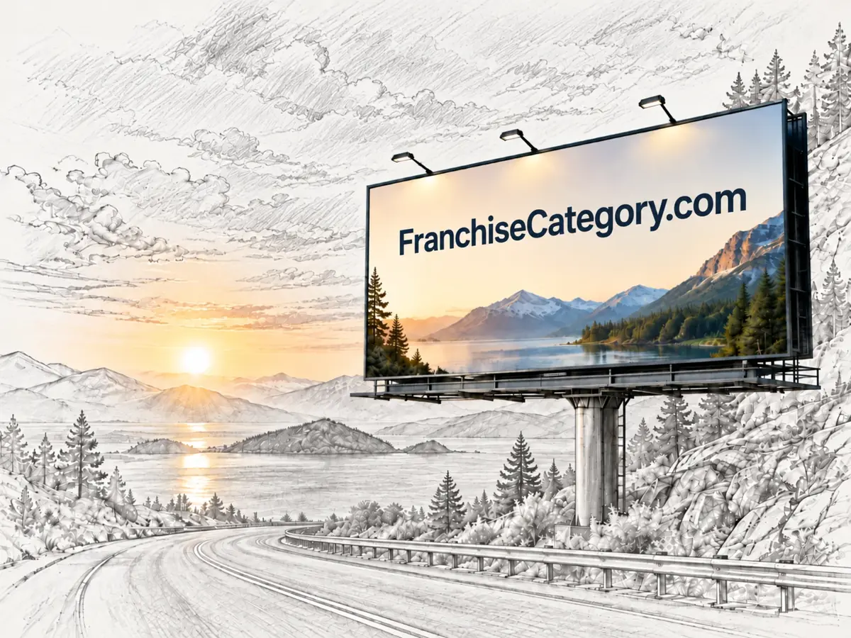 Illustration of a roadside billboard at sunrise that reads FranchiseCategory.com